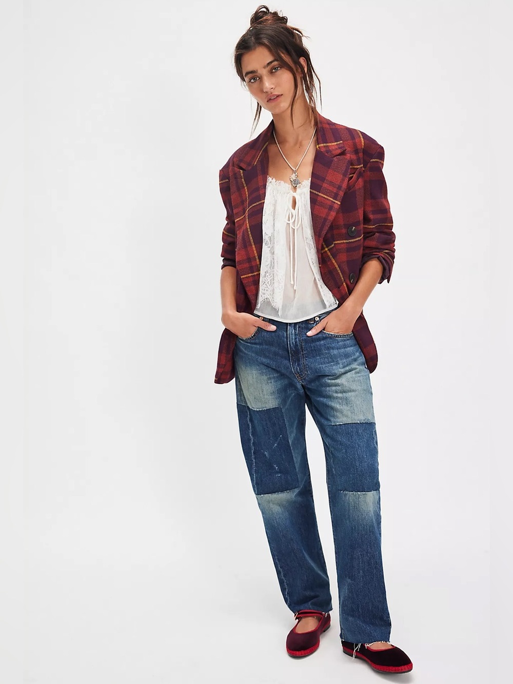 Free People Blazer Double Breasted Burgundy Plaid Jacket Oversized Relaxed Fit S - Picture 3 of 12